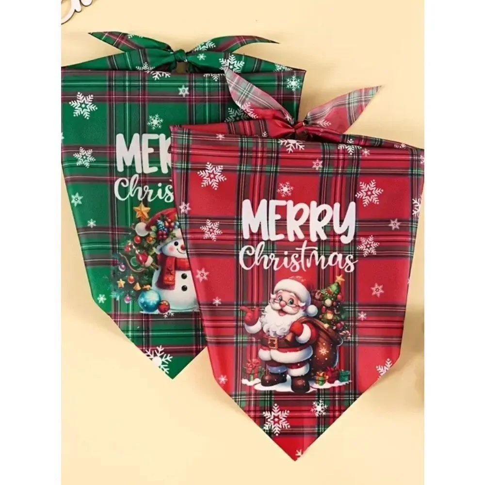 Set of 2 Red and Green Festive Holiday Dog Bandanas with Santa and Snowman